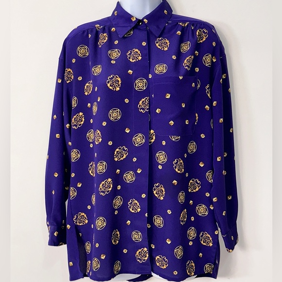 Vintage Chaus Purple & Gold Diamond and Emblem Print Button Down Blouse Size 6 - Picture 6 of 8